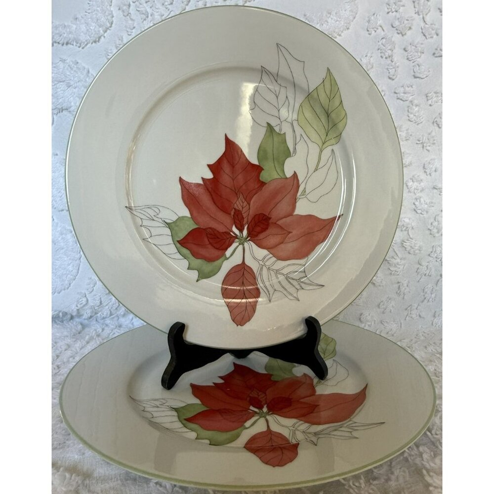 Vintage 1982 Block Spal Poinsettia Dinner plates Set Of 2 Portugal Christmas